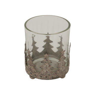 Decorative glass candle holder with metal base featuring trees on a white background