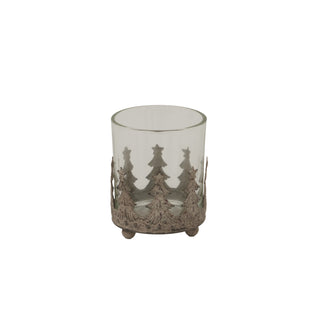 Decorative glass candle holder with tree design on a white background
