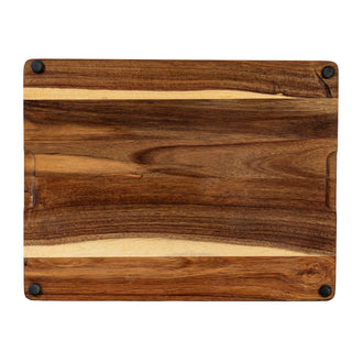 Underside of the rectangular acacia cheese board, featuring four non-slip feet and carved finger grooves.
