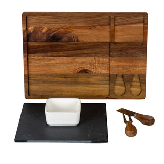 Acacia board, slate insert with white bowl, and two wooden cheese tools displayed separately.