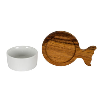 Single white ceramic bowl shown next to one acacia wood fishtail serving tray on a white background.