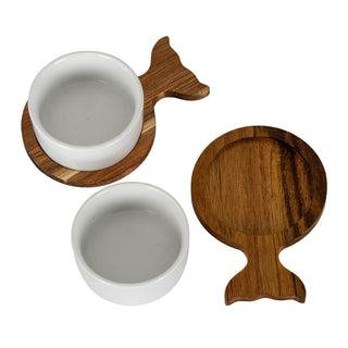 Acacia fishtail tray empty next to a white ceramic bowl and an assembled set.