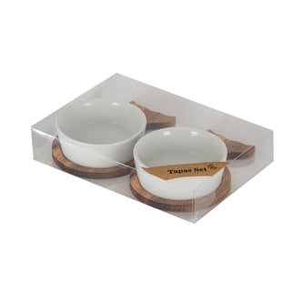 Set of two ceramic bowls and acacia wood fishtail trays shown in clear retail packaging.