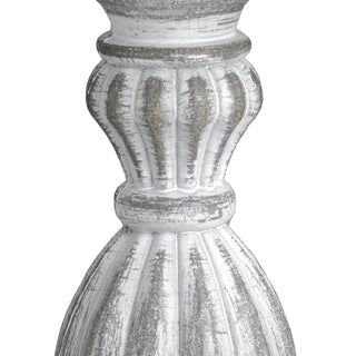 Fluted detail on the turned wood lamp base with a distressed white paint finish over grey.