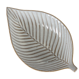 Full view of the leaf-shaped ceramic dish, highlighting the glossy glaze and impressed brown vein texture.
