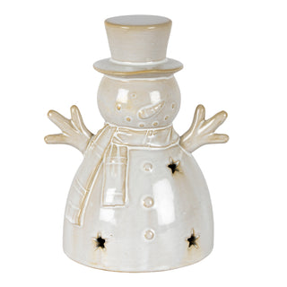 Plain front-on studio shot of the off-white ceramic snowman with a top hat and star cutouts for the LED light.