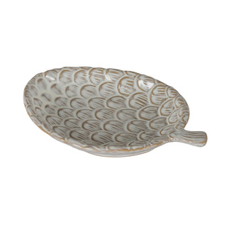 Ceramic dish shaped like a pinecone, glazed in rustic cream and brown, shown against a white background.