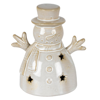 Ceramic snowman decoration with a beige glaze, shown front-on. It has a top hat, scarf, and three star-shaped holes.