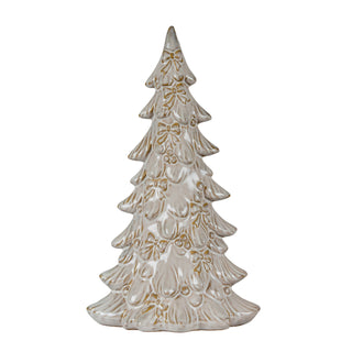 Plain front-on shot of a small glazed ceramic Christmas tree decoration with raised bow and berry details highlighted in gold.
