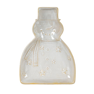 Light beige glazed ceramic snowman dish, detailing the embossed scarf, hat, eyes, and smiling mouth.