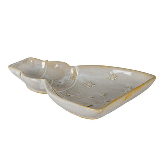 Light beige ceramic two-section dish shaped like a snowman, featuring embossed stars and dots.