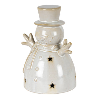 Off-white ceramic snowman decoration angled view, showing textured glaze and star cutouts.