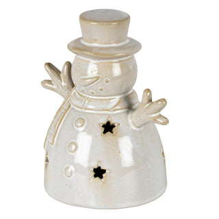 Plain front-on view of the beige ceramic snowman with a top hat and scarf. Star-shaped cutouts are visible on the body.