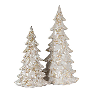 Two glazed ceramic Christmas trees, small and large, with gold bow and berry detailing.