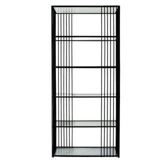 Black metal shelving unit with six clear glass shelves, shown in a straight front-on product shot.