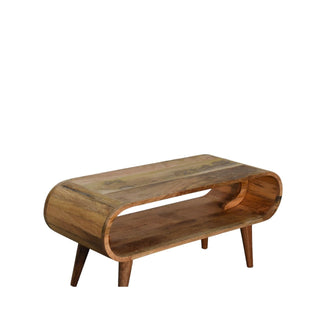 Oblong wooden coffee table with continuous curved sides and four tapered legs, photographed on a white background.