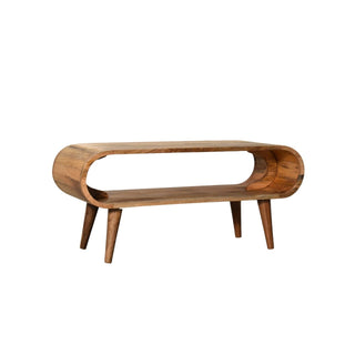 Oblong wooden coffee table profile showing the internal shelf and the four tapered legs.