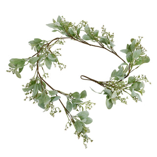 Plain studio shot of the artificial garland with soft green leaves and small white berry clusters.