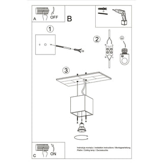 Technical diagram detailing the wiring, mounting plate attachment, and final assembly of the ceiling light.