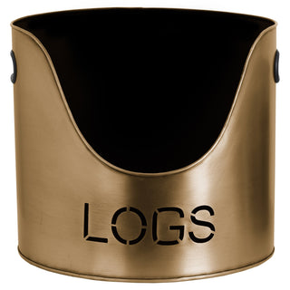 Antique bronze metal log holder bucket with a curved opening and the word LOGS cut out on the lower front surface.
