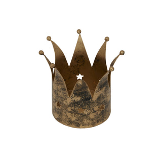 Distressed gold metal crown candle holder with ball-tipped spikes and perforated star details.