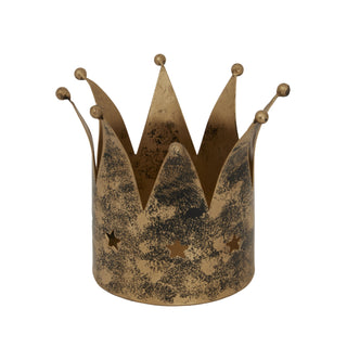 Antique gold crown candle holder with distressed finish, pointed spikes, and star cutouts.
