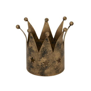 Plain front-on view of the antique gold crown tealight holder featuring a distressed finish and star cutouts.