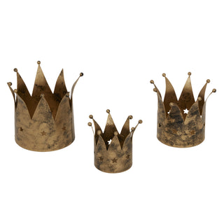 Three antique gold crown tealight holders shown together in small, medium, and large sizes.