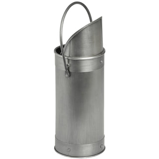 Empty cylindrical pewter match holder with curved top opening, swing handle, and visible riveted construction.