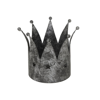 Distressed antique silver crown candle holder with star cutouts, shown front-on against a white background.