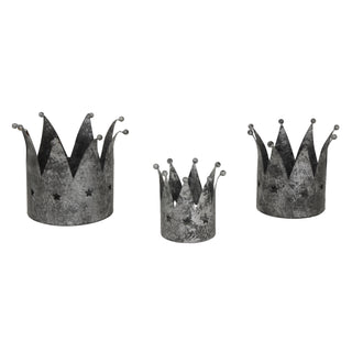 Set of three distressed silver crown candle holders in varying sizes, shown against a white background.