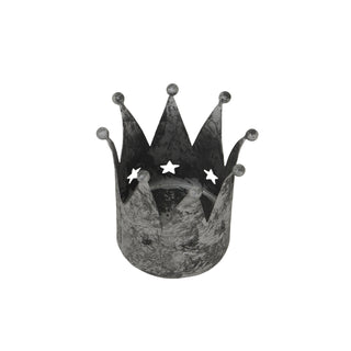 Angled view of the distressed silver crown tealight holder, showing the interior base.