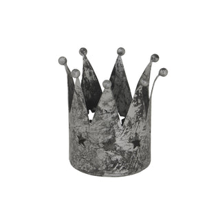 Distressed antique silver metal crown tealight holder with pointed spikes and star cut-outs.