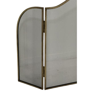 Close-up of the brass hinge connecting two panels of the fire screen, showing the mesh texture.