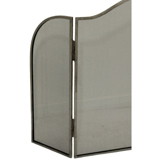 Detail of the hinge and mesh texture on the antiqued silver fire screen side panel.