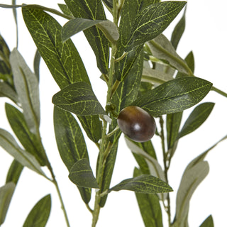 Close-up of a single dark artificial olive fruit nestled among the textured green leaves on a branch.