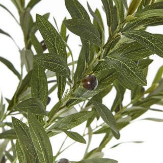 Detailed view of the artificial foliage, highlighting the textured green leaves and dark brown olives.