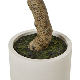 Close detail of the artificial trunk base in the white pot, showing the faux moss and soil surface.