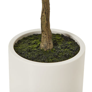 Artificial tree trunk base in the white pot, showing the faux moss and dark soil covering.