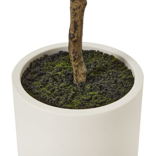 Close-up of the textured artificial trunk base in the white pot, showing the dark soil and green moss filler.