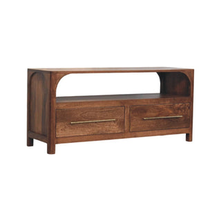 Dark wood media console featuring two drawers with long brass handles and an upper open storage shelf.