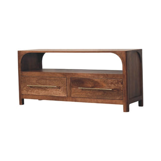 Plain front-on view of the dark wooden media console with two drawers and an arc-shaped open shelf.