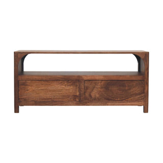 Dark wood media console displayed front-on against a white background, featuring an open arched shelf above two panels.