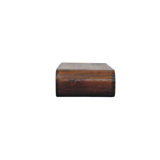 End profile of the dark wood console, showing the solid material thickness and smooth rounded edge.