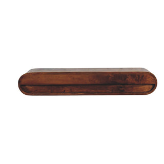 Elongated dark wood console viewed straight on, showing the narrow horizontal storage slot.
