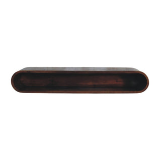 Arc shaped dark wood wall console with open storage shelf, plain front view.
