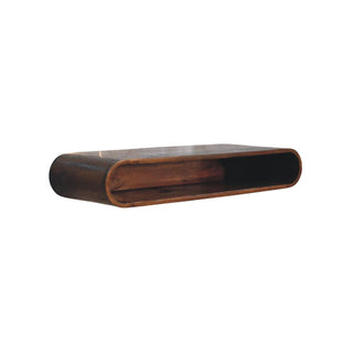 Side angle view of the dark wood wall console, emphasising the curved ends and open storage.