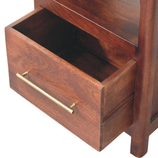Close-up of the dark wood bedside table showing the single drawer partially pulled out.