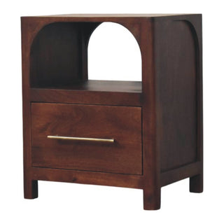 Plain front-on view of the dark wood bedside table with one drawer and an open arched shelf.