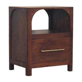 Dark reddish-brown bedside table featuring an arched upper recess and a single drawer with a brass pull handle.